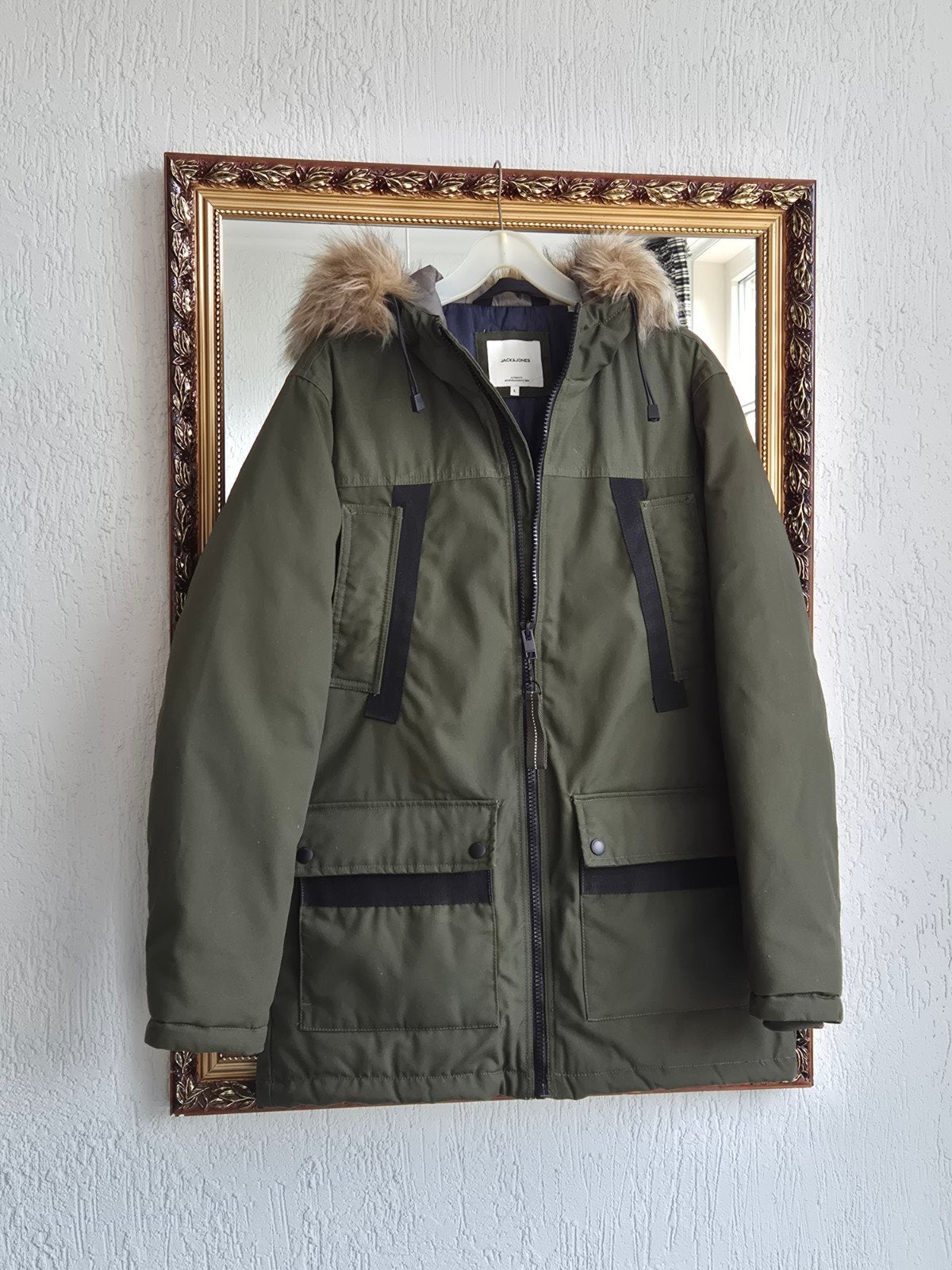 Jack & Jones Gevoerde Winterjas met Capuchon en Bontrand, Maat 52/54 (L), Ophalen of Verzenden, Zo goed als nieuw, Groen