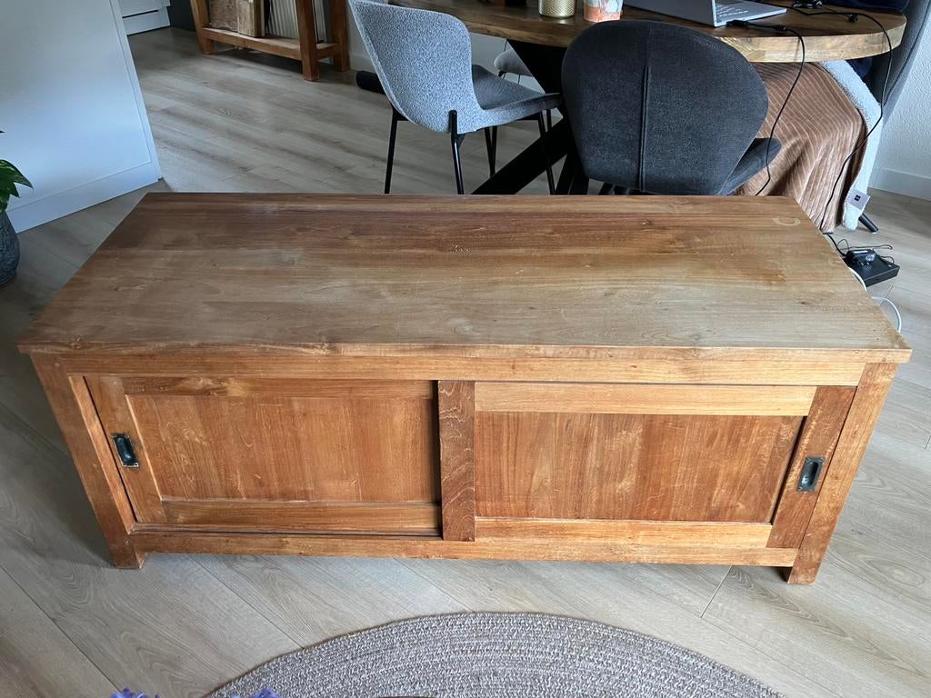 Teakhouten tv meubel, Ophalen, Gebruikt, 100 tot 150 cm, Teakhout