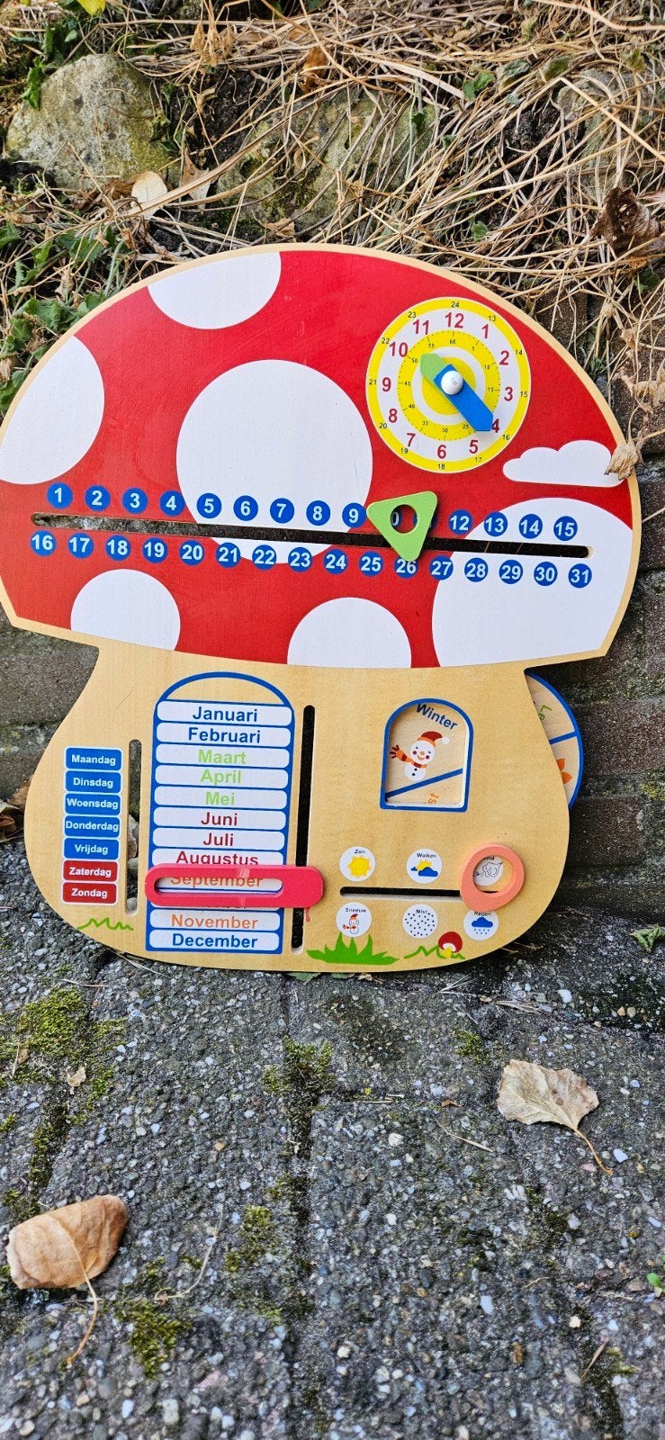 Houten paddenstoel kalender met klok - Educatief speelgoed, Ophalen, Gebruikt, Ontdekken