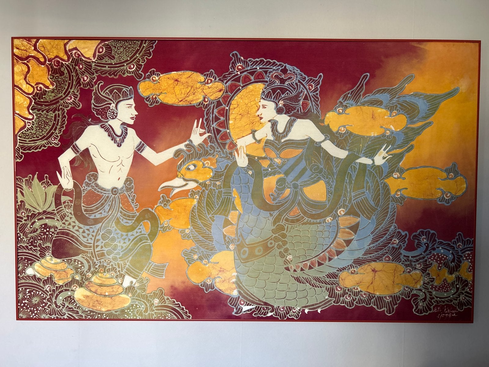 Batik schilderij met traditionele Indonesische dansers, Ophalen, Handgemaakt, Indonesië, Rood