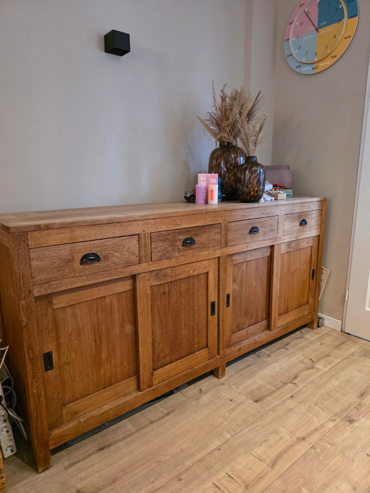 teak  houten dressoir met lades en schuifdeuren, Ophalen, Gebruikt, 150 tot 200 cm, 25 tot 50 cm