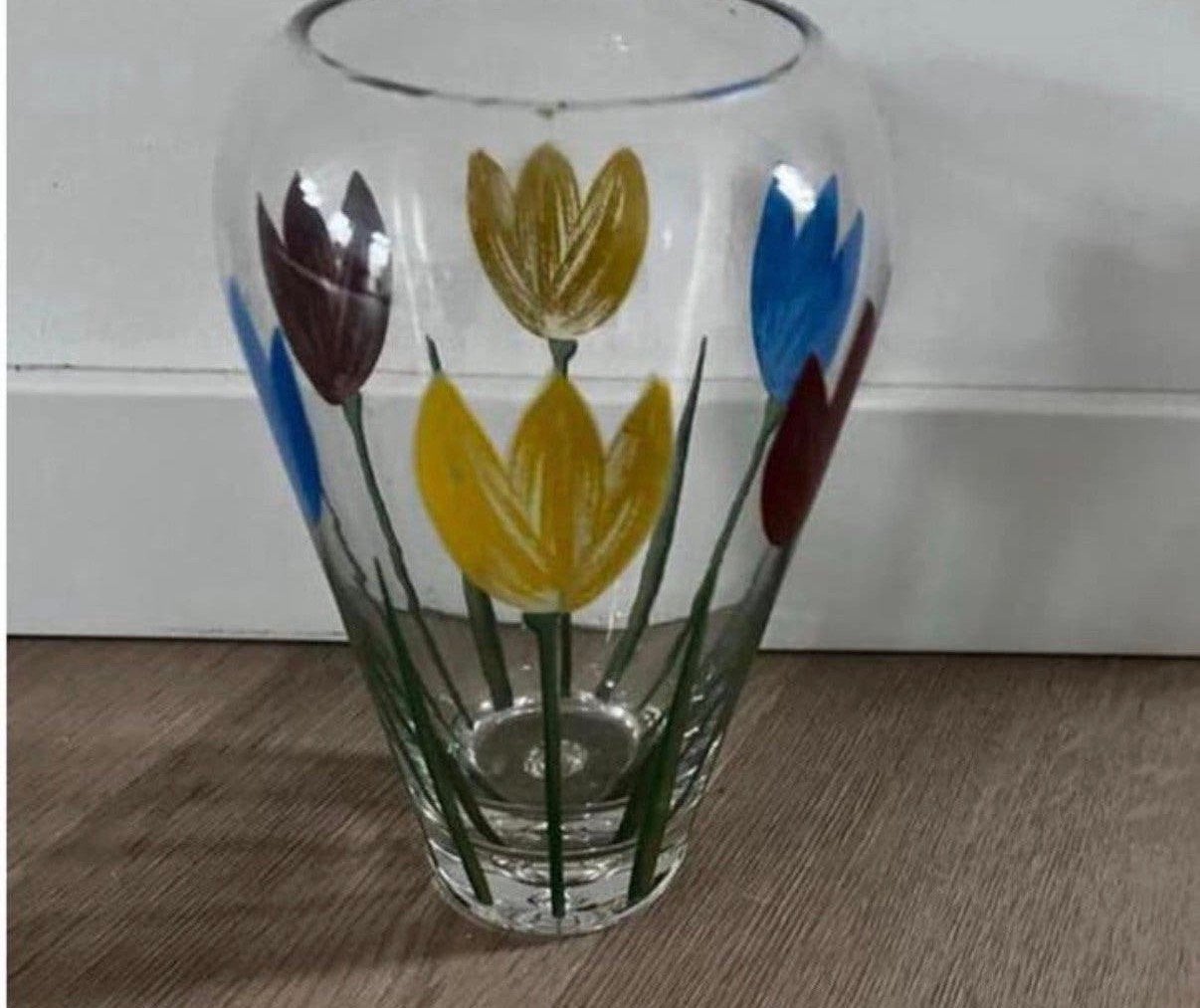 Mooie glazen vaas met tulpen, Ophalen of Verzenden, Zo goed als nieuw, Glas