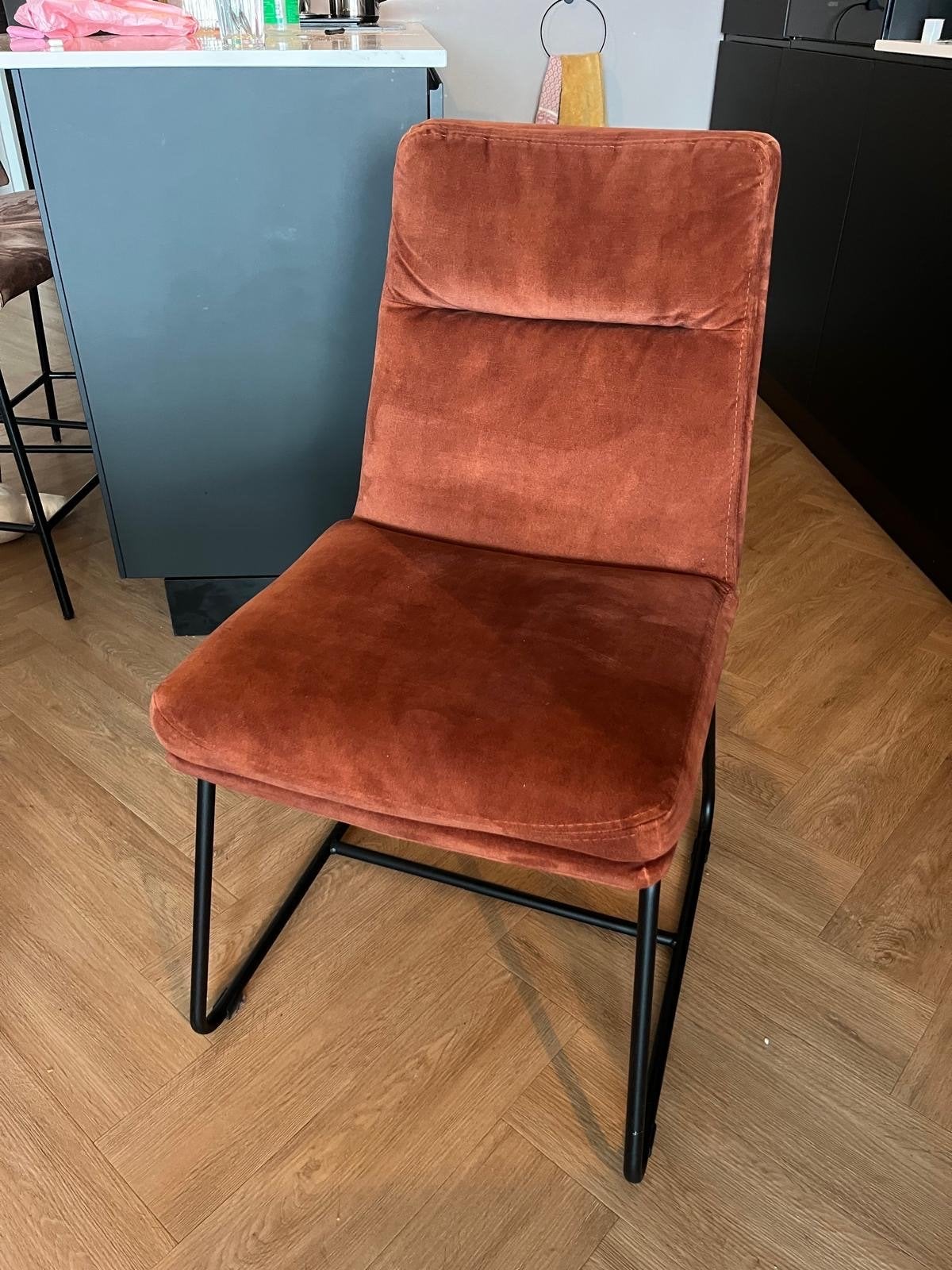 3 Comfortabele eetkamerstoelen-Terracotta stof zwart metaal, Huis en Inrichting, Ophalen, Overige kleuren, Drie, Zo goed als nieuw
