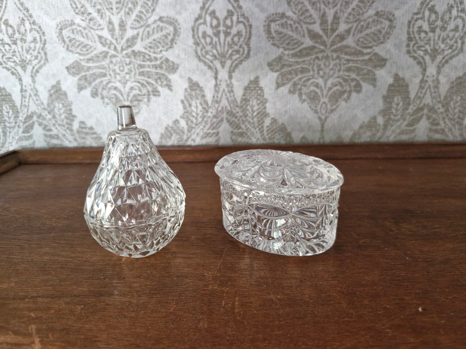 2 Vintage glazen snuisterijpotjes - Hollywood Regency Stijl, Ophalen of Verzenden, Zo goed als nieuw, Glas