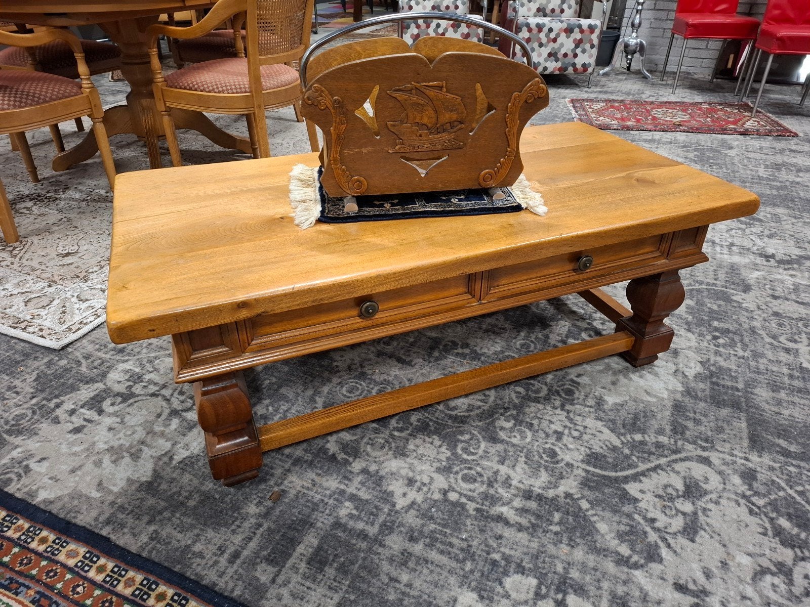 Massief eiken salontafel met 2 lades - 130x65xh47. Kijk,, Ophalen, 100 tot 150 cm, Eikenhout, 50 tot 100 cm