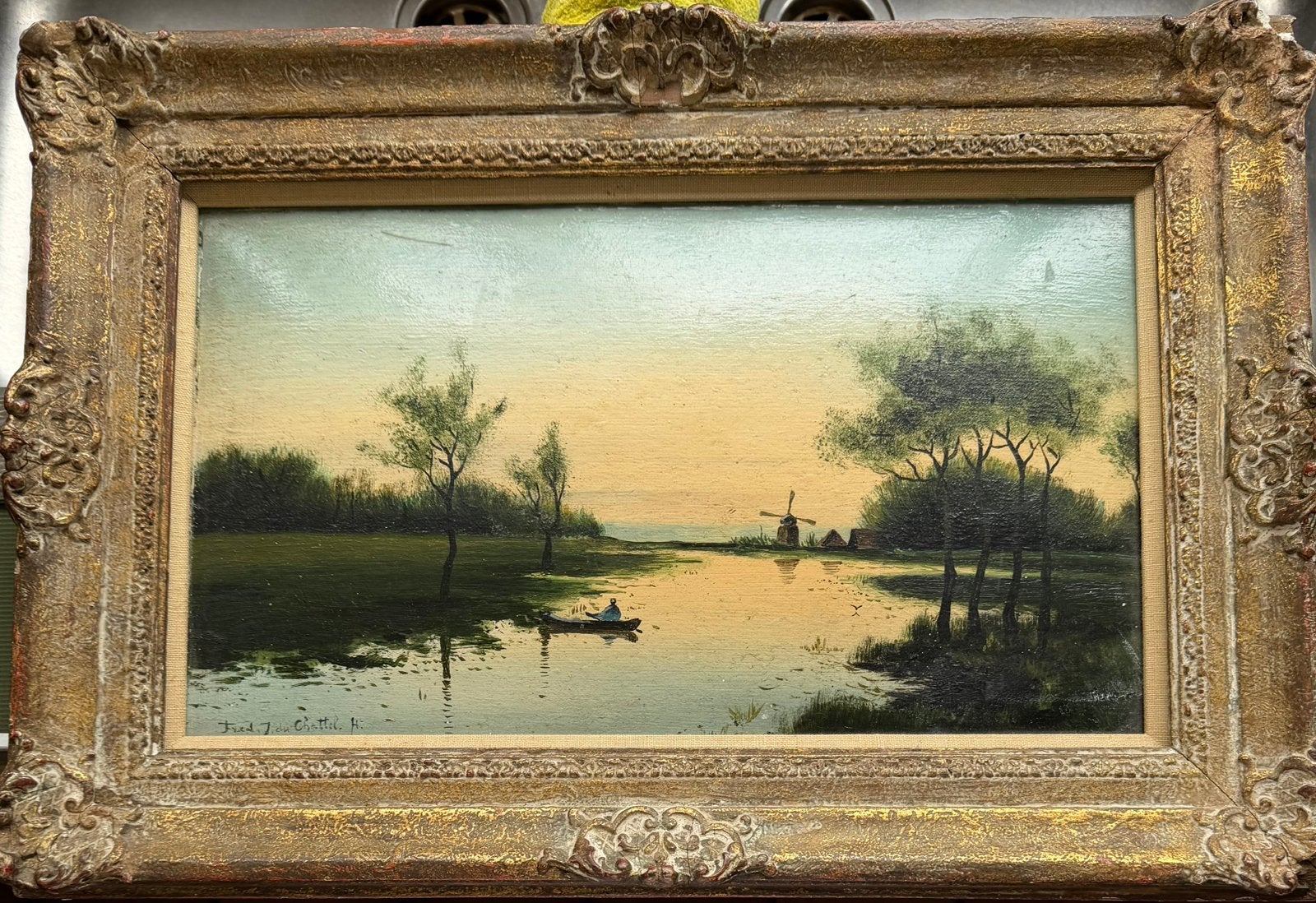 Fred J. du Chattel - visser op een vaart in de ochtend, Antiek en Kunst, Ingelijst, Doek, Ophalen of Verzenden, Landschap