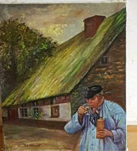 Olieverf boerderij boer met borrel jeneverfles gesigneerd., Antiek en Kunst, Kunst | Schilderijen | Klassiek, Ophalen