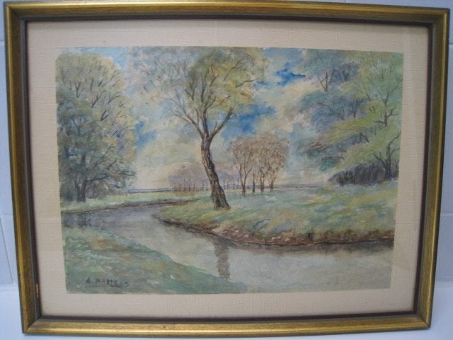 Schilderij landschap met riviertje en bomen, Ophalen