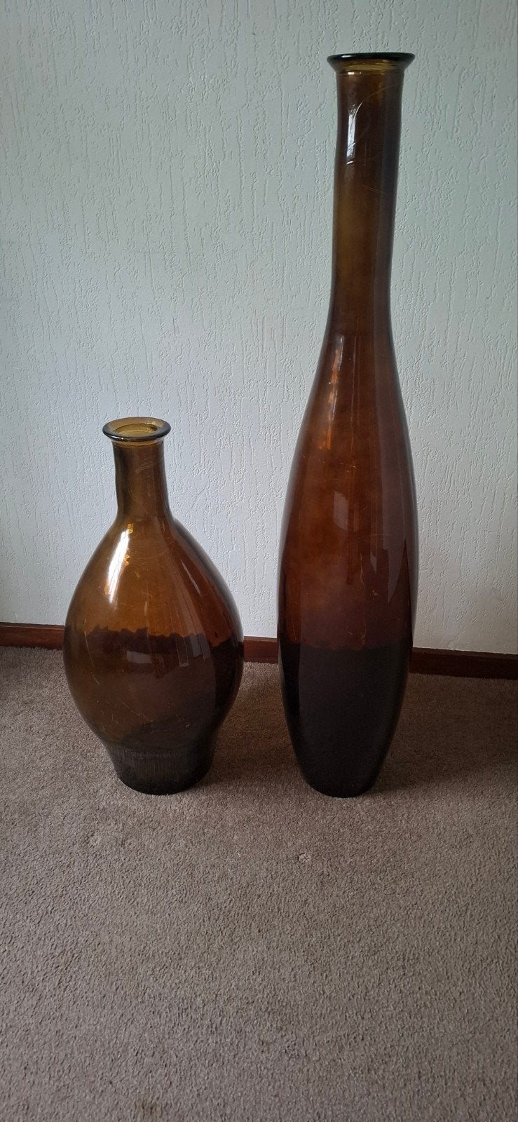 Set van 2 bruin / amber kleurige glazen vazen, Ophalen, Zo goed als nieuw, Bruin, Glas