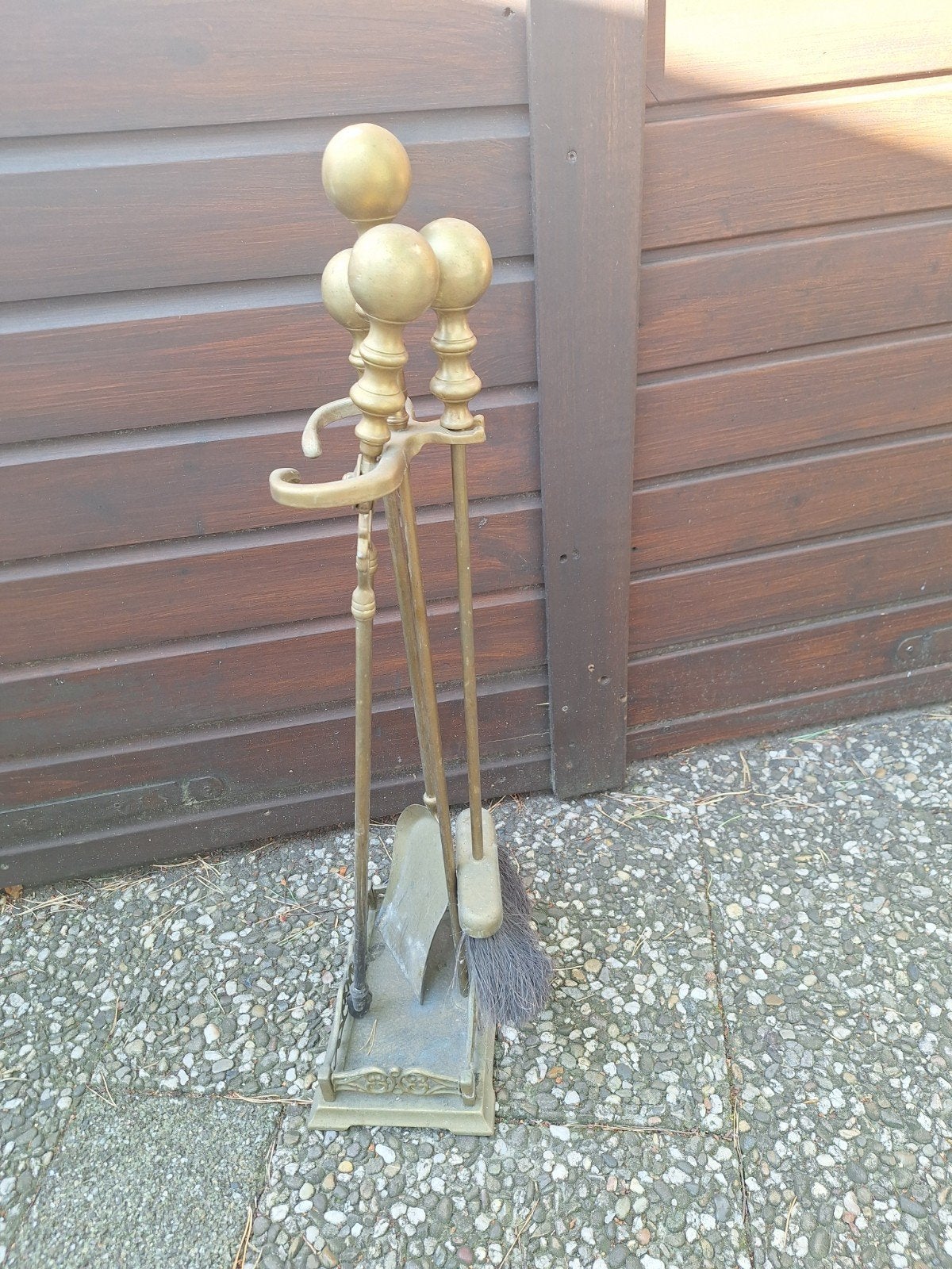 Antieke messing haardset met 4-delig gereedschap, Ophalen of Verzenden