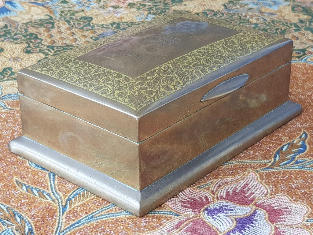Mooie antieke sigarendoos uit Engeland van koper en hout., Ophalen of Verzenden