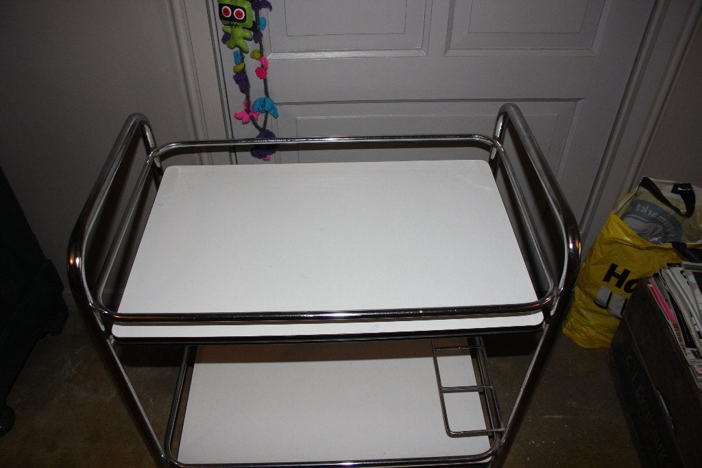 Vintage theewagen / serveerwagen met chroom en wit, Ophalen, Minder dan 55 cm, Gebruikt, Metaal of Aluminium