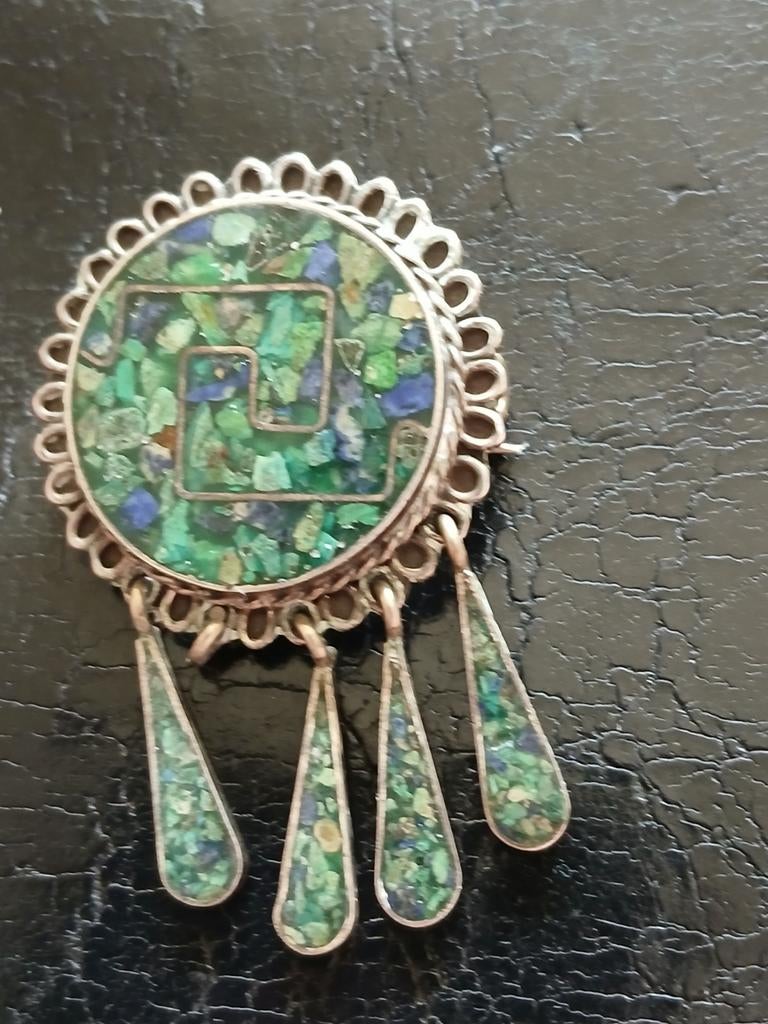 Antieke zilveren broche met turquoise ingelegde  stenen, Verzenden, Zo goed als nieuw, Met edelsteen, Zilver
