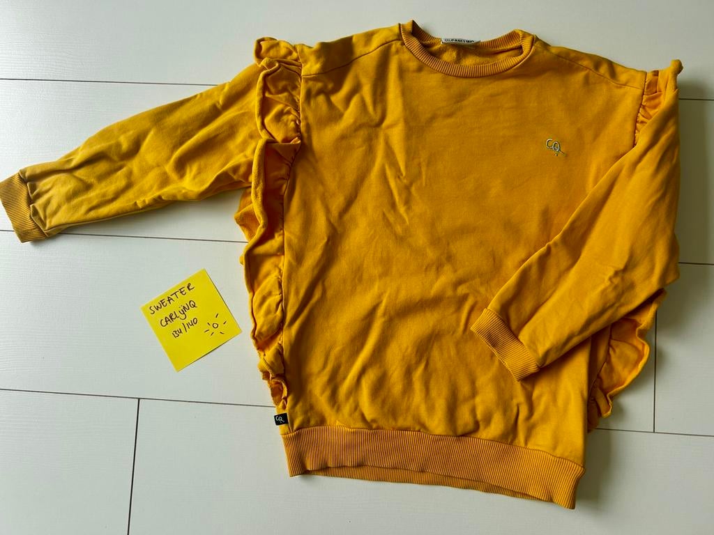 Gele sweater ruffles Carlijnq maat 134/140, Ophalen of Verzenden, Gebruikt, Trui of Vest