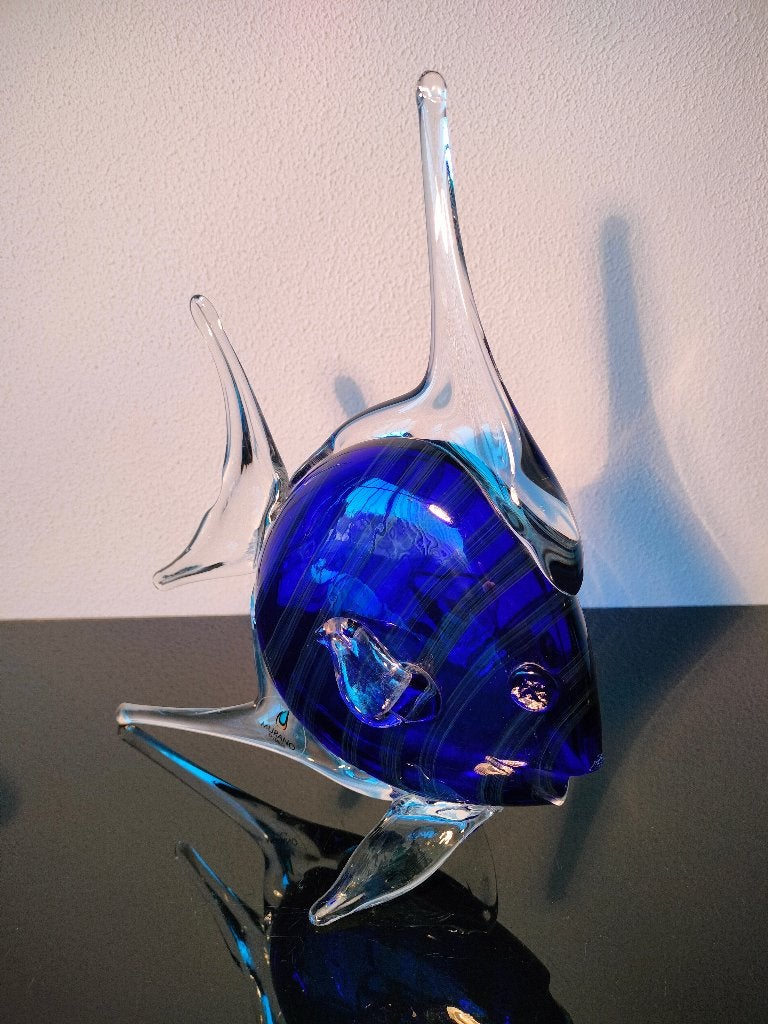 Murano Vis Artglass Kobaltblauw Strepen Groot 1970, Ophalen of Verzenden