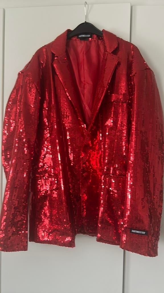 Glitter jasje rood heren xxl, Verzenden, Zo goed als nieuw, Maat 56/58 (XL)