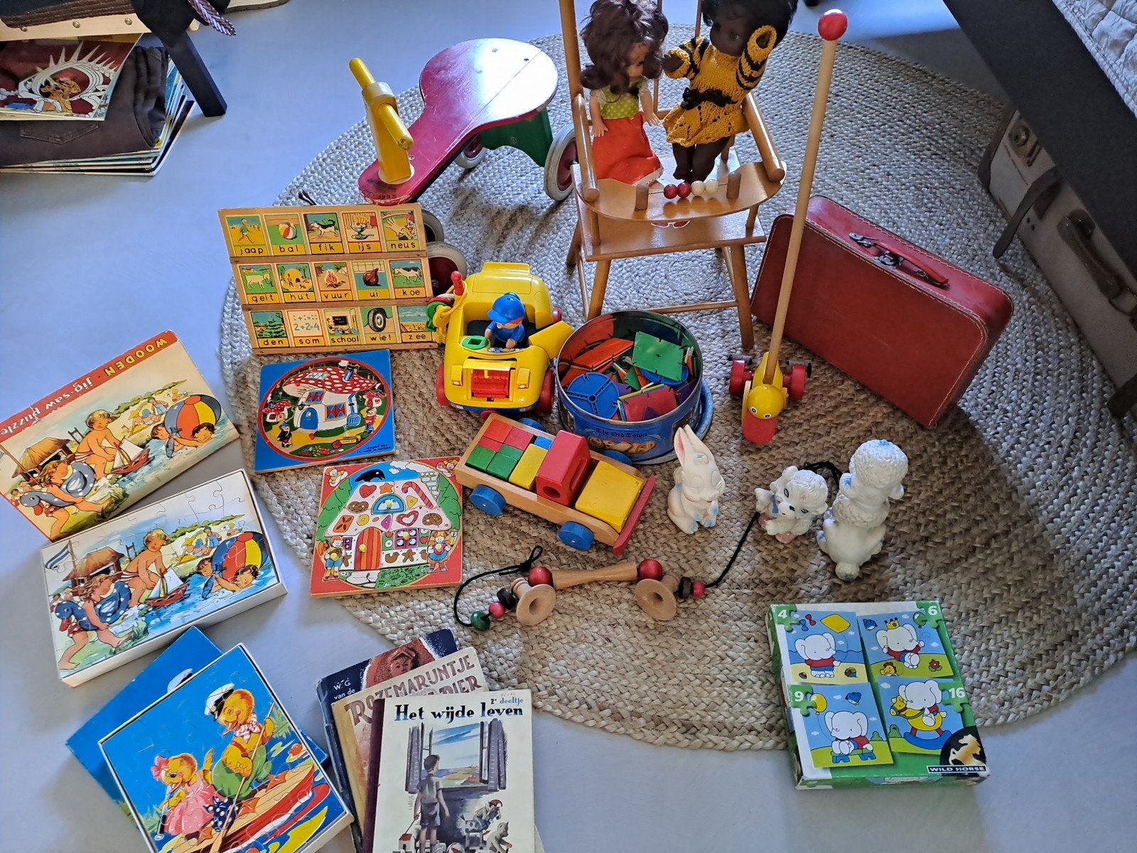 Vintage speelgoedpakket: puzzels, boeken, rammelaars en meer, Ophalen of Verzenden, Gebruikt, Jongen of Meisje