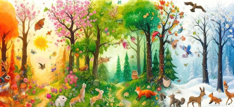 Wallism - forest through the seasons behang, Huis en Inrichting, Stoffering | Behang, Ophalen of Verzenden, Meerkleurig