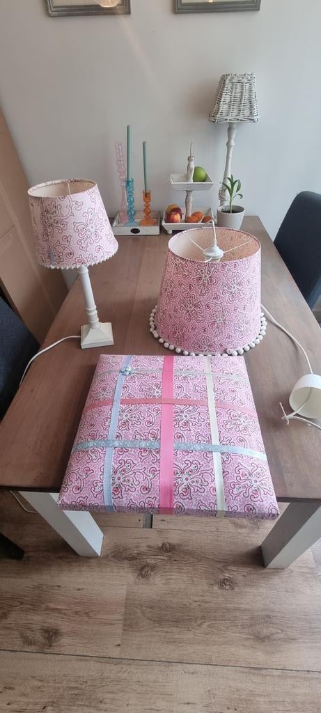 Moepa high tea roze hanglamp, schemerlamp + memobord, Romantisch, Ophalen of Verzenden, Zo goed als nieuw, Stof