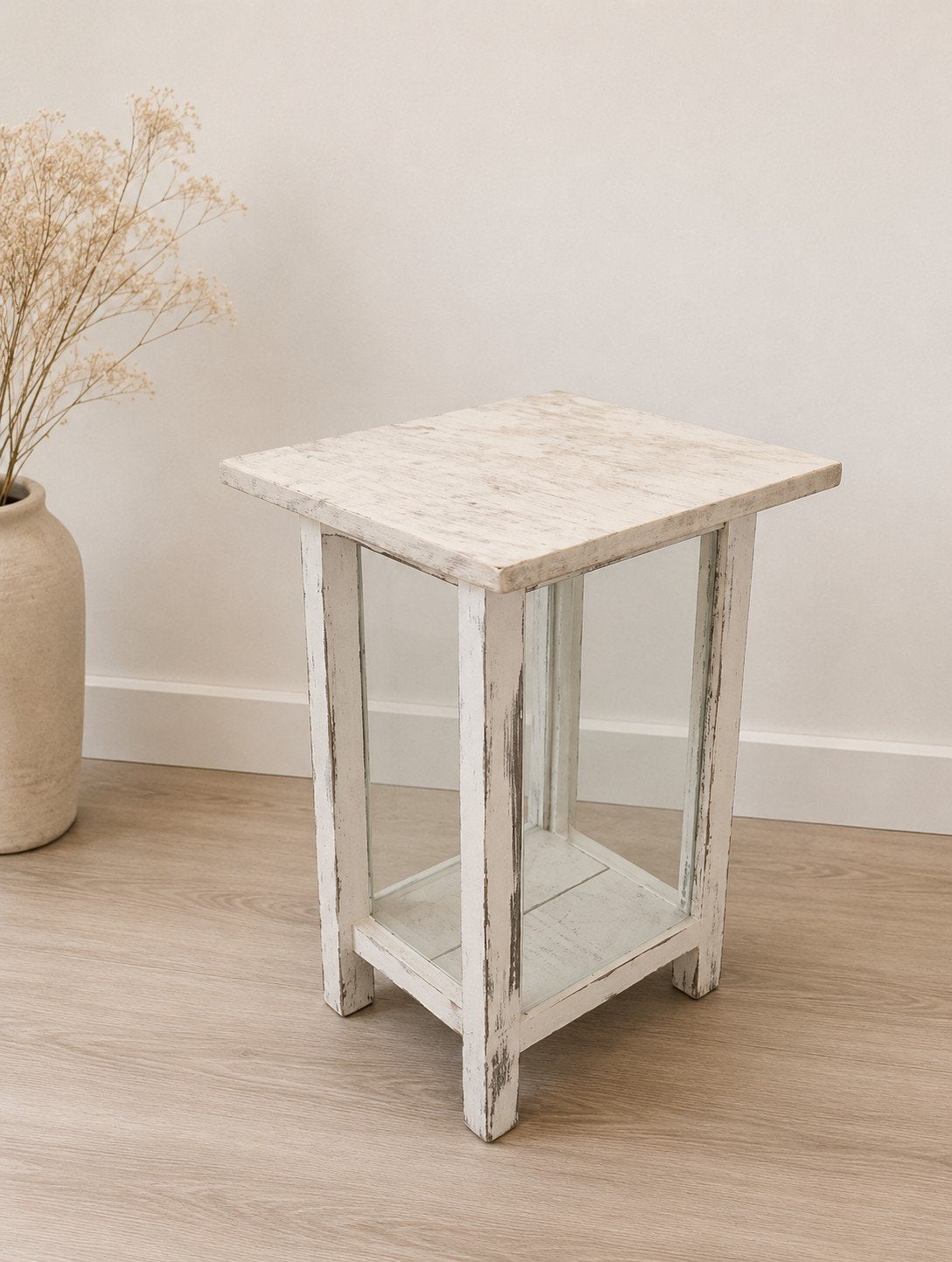 Vintage bijzettafel wit hout met marmer blad, 45 tot 60 cm, Minder dan 55 cm, Gebruikt, Ophalen of Verzenden