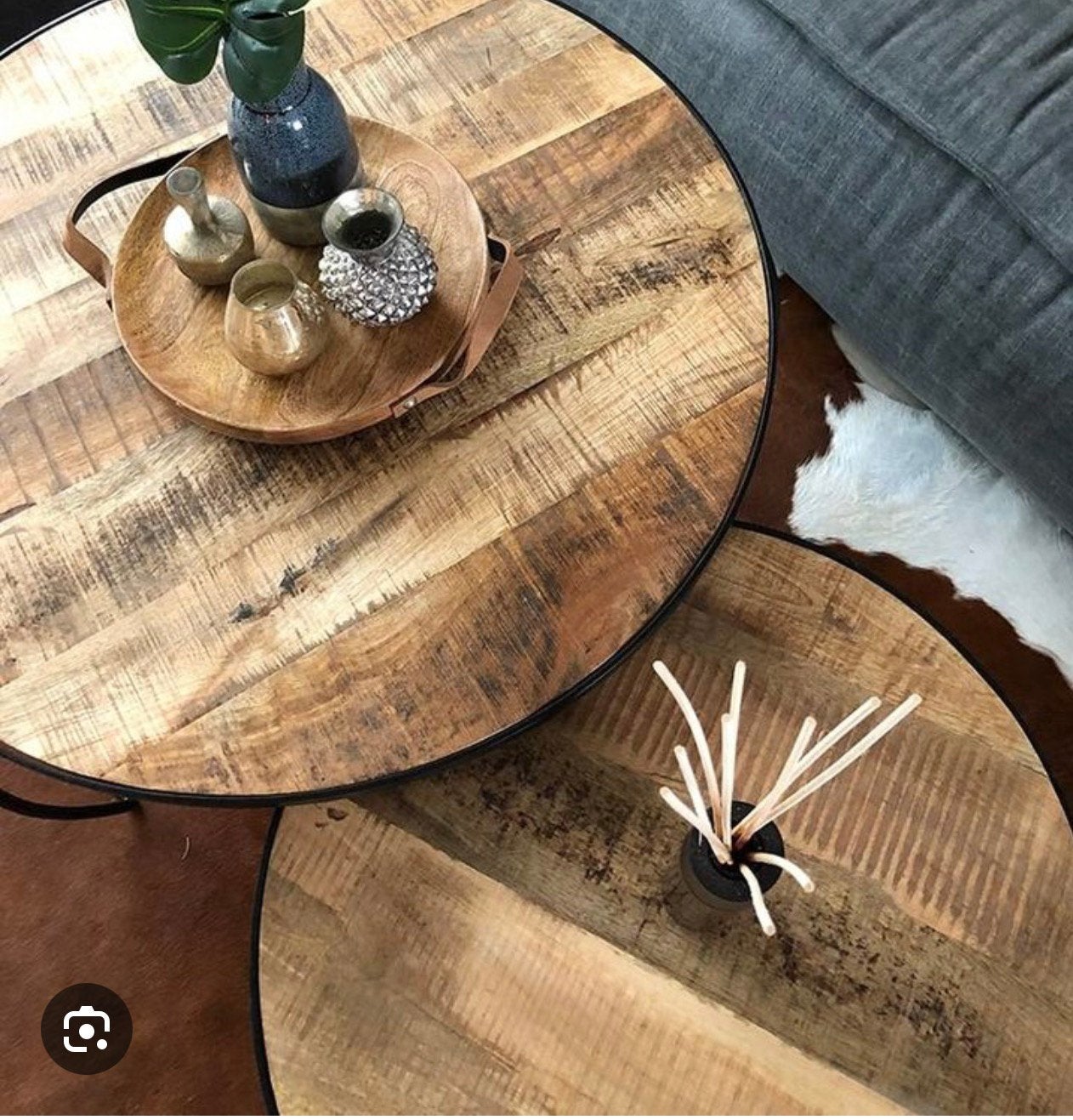 Set van 2 mango houten salon tafeltjes, Ophalen, Zo goed als nieuw, Rond, 50 tot 100 cm