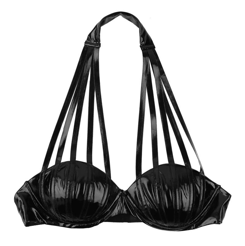 Zwarte wetlook spider strap BH / sexy lingerie leren, Verzenden, Zwart, BH