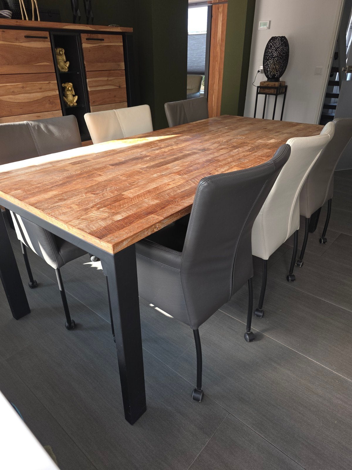 Set van 6 leren eetkamerstoelen met industriële tafel, Gebruikt, Ophalen of Verzenden, Vijf, Zes of meer stoelen, Leer