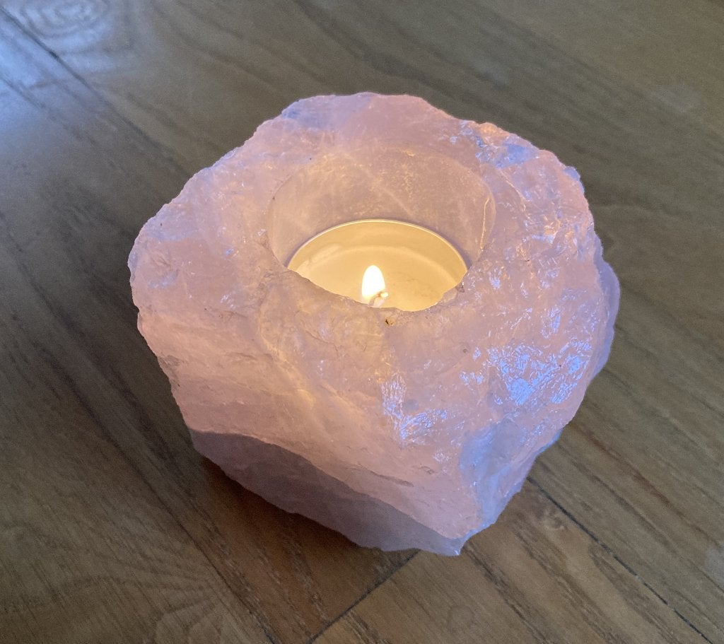 Rozenkwartskristallen waxinelichthouder roze 6,5 x 6,5 cm, Ophalen of Verzenden, Zo goed als nieuw, Overige materialen, Kandelaar