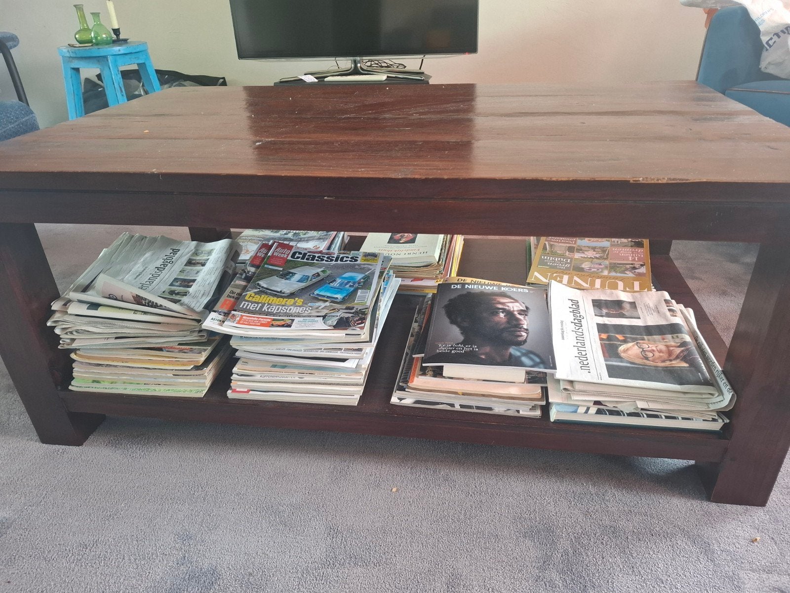 Robuuste houten salontafel met opbergruimte, Gebruikt, 50 tot 100 cm, 100 tot 150 cm, Ophalen of Verzenden
