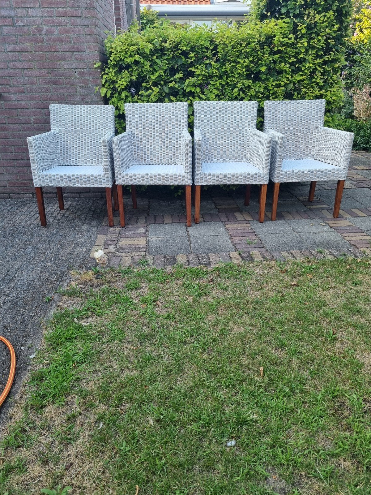 Set van 4 Wicker Tuinstoelen met Houten Poten, Ophalen, Gebruikt, Wicker