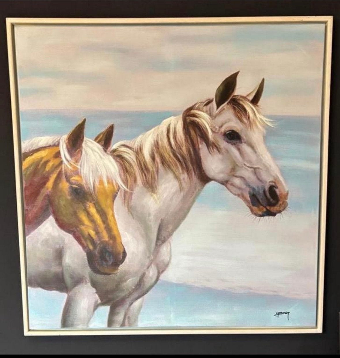 Groot handgeschilderd schilderij met paarden, 110x110 cm, Ophalen