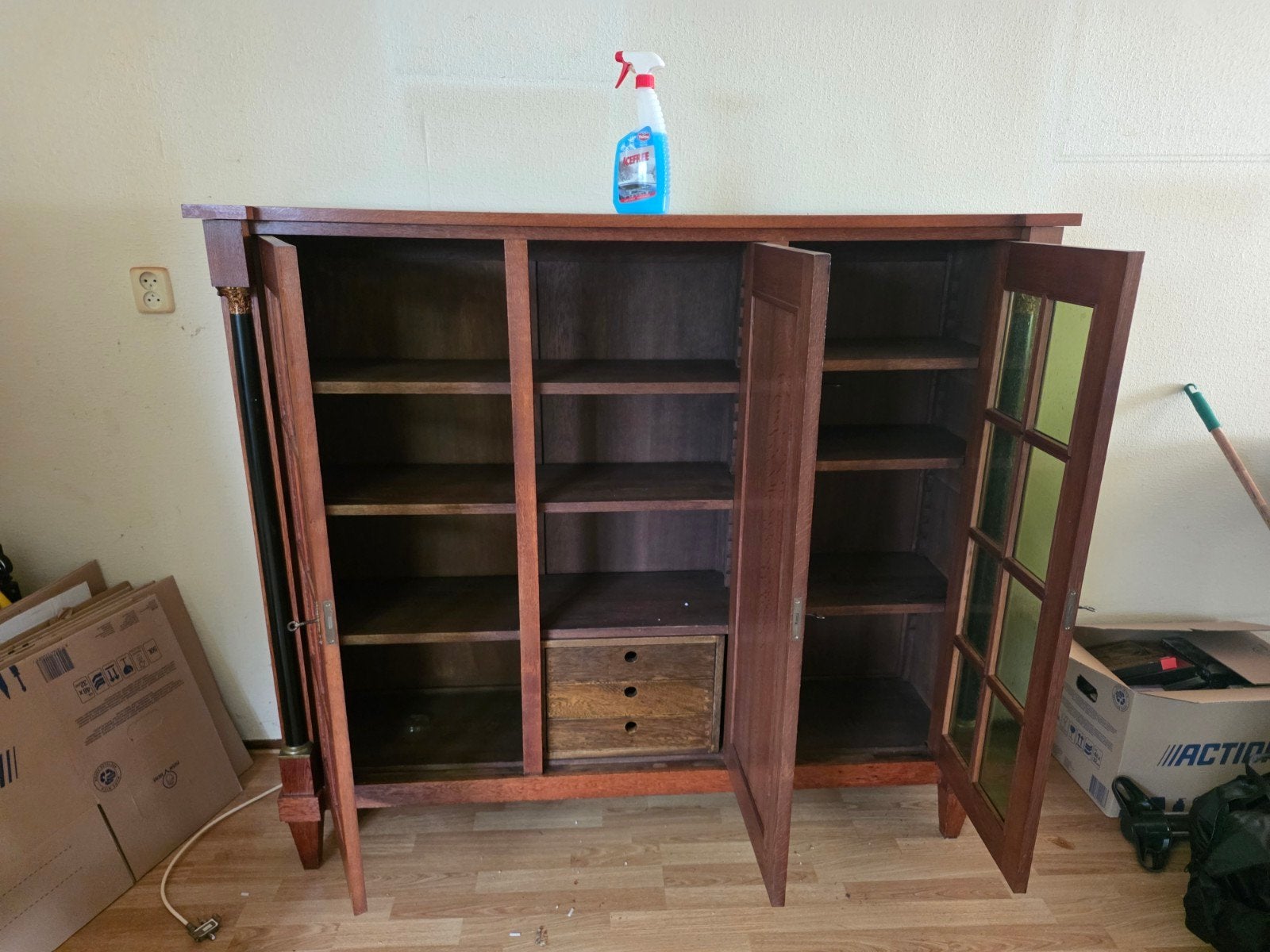 Antieke Eikenhouten Boeken/vitrine kast met Glas en Lade, Ophalen, 100 tot 150 cm, 150 tot 200 cm, Eikenhout