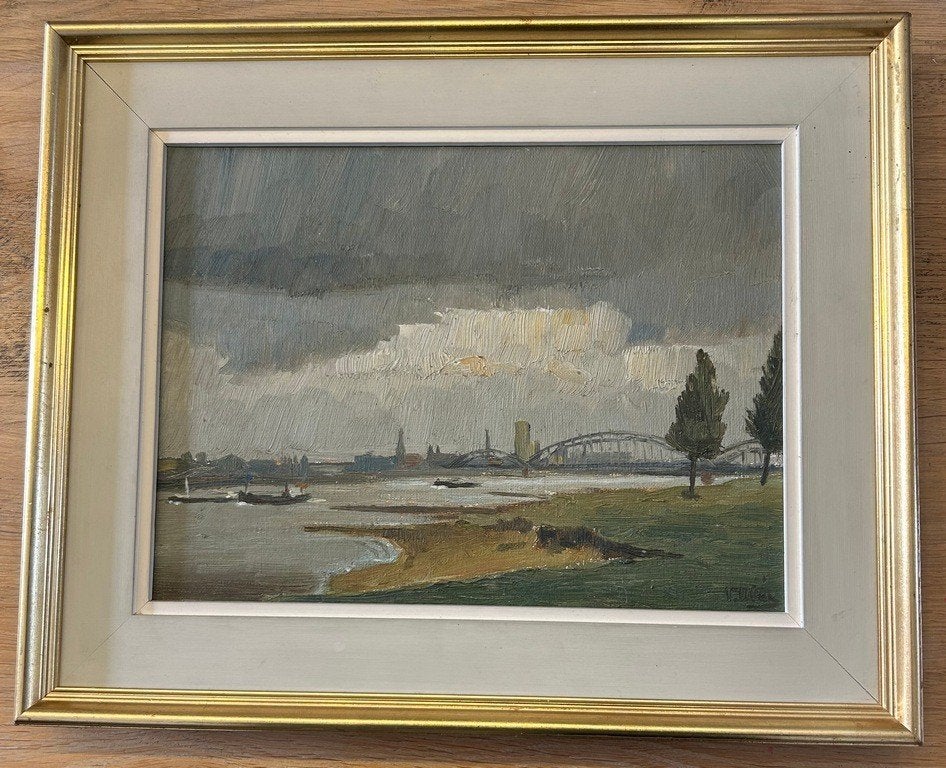 riviergezicht met dreigende luchten, Antiek en Kunst, Kunst | Schilderijen | Klassiek, Ophalen of Verzenden
