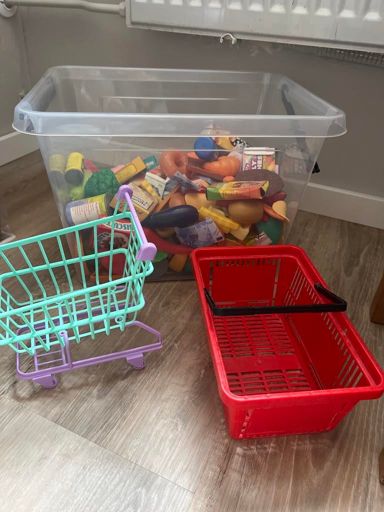 Kinder boodschappen set met winkelwagen en kratje, Ophalen of Verzenden, Gebruikt, Jongen of Meisje