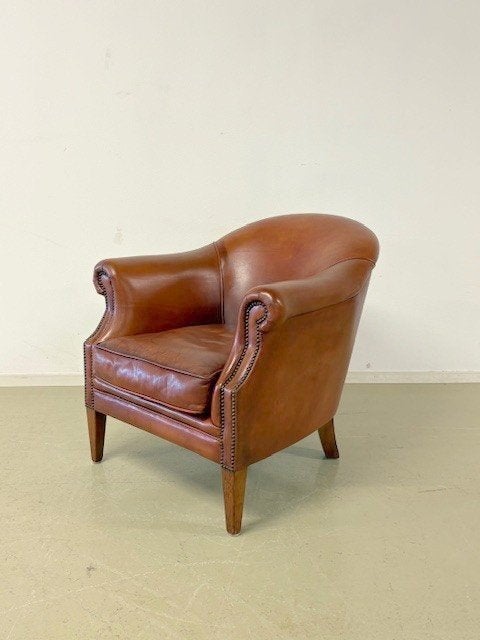 Engelse clubfauteuil in bruin rundleder, Ophalen, Gebruikt, 75 tot 100 cm, Engels / Klassiek / Clubfauteuil