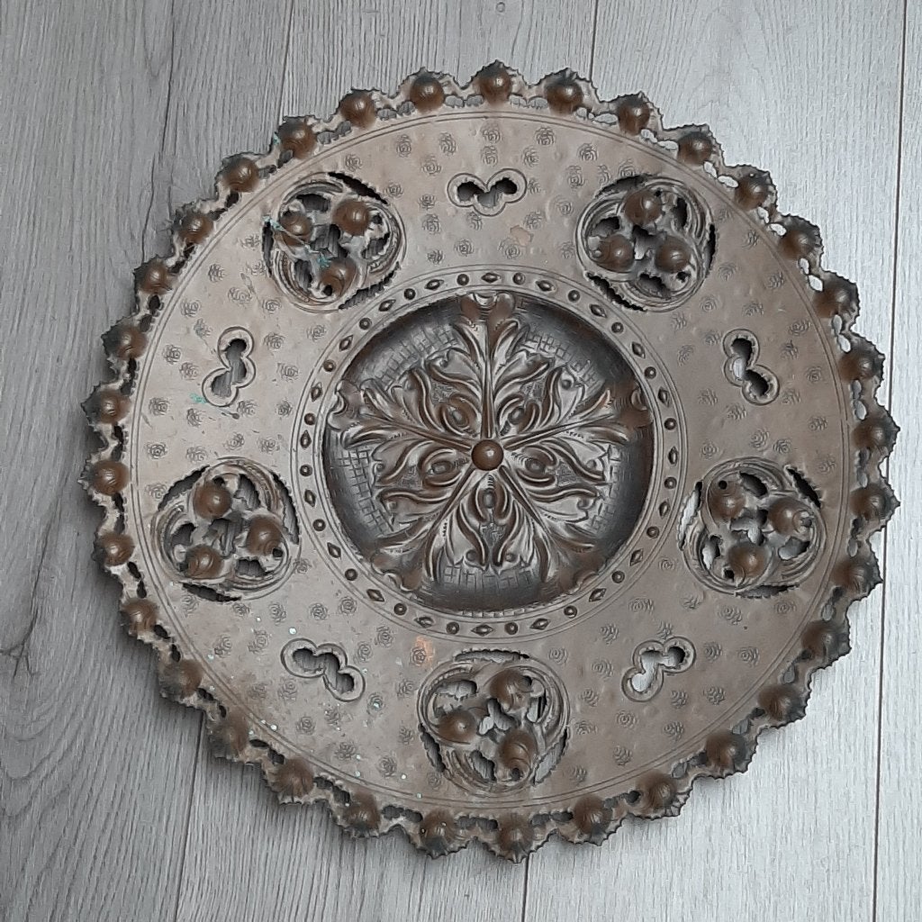 Fraai uitgewerkt wandbord koper ø 47 cm. vintage, Ophalen, Metaal, Gebruikt, Vintage