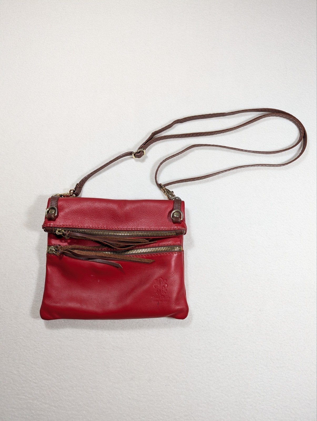 Leren schoudertas crossbody | rood met franjes | vintage loo, Ophalen of Verzenden, Zo goed als nieuw, Bruin, Schoudertasje