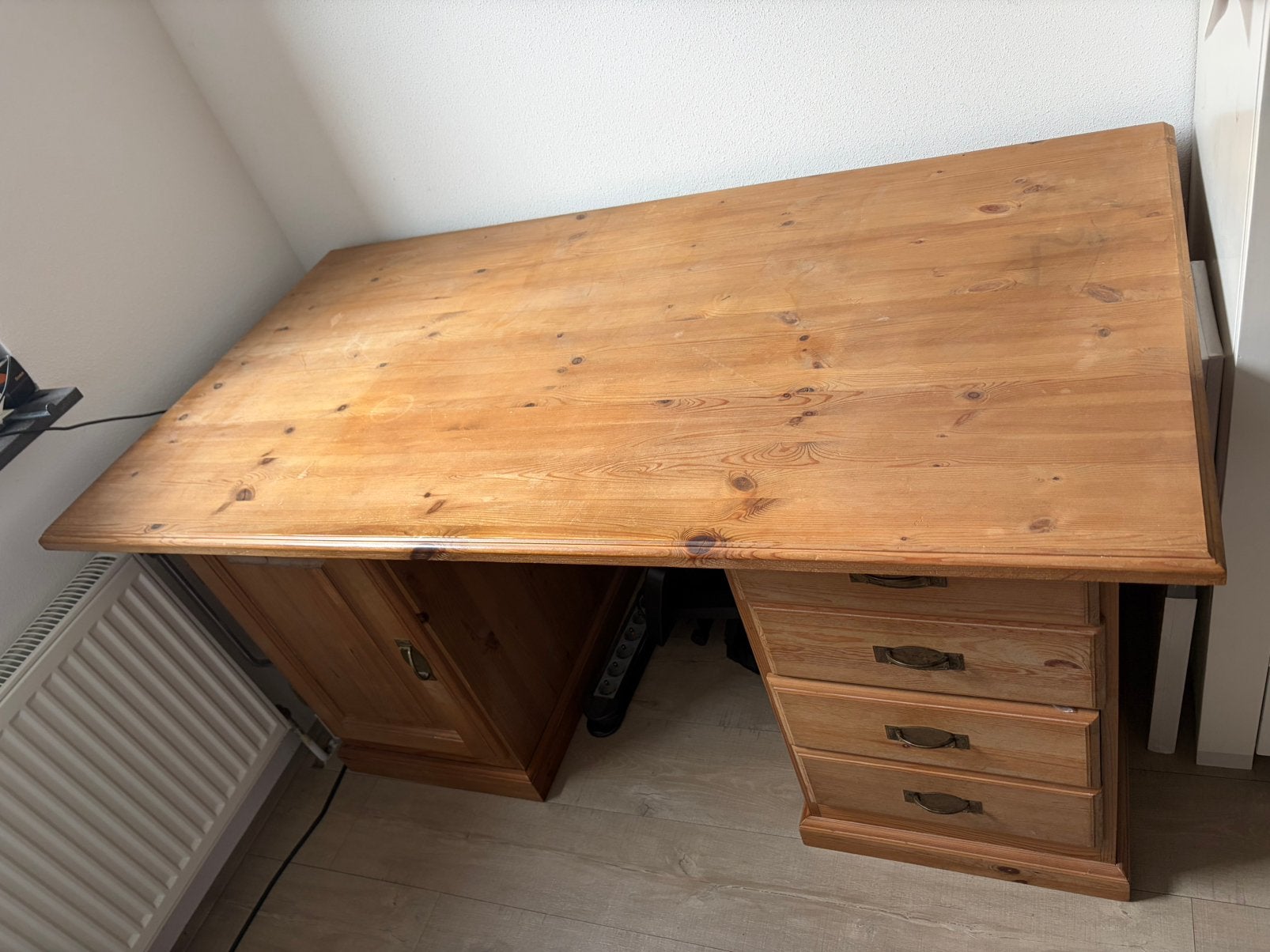 Massief houten bureau met lade blokje en kastje, Ophalen, Met lades, 150 cm, Hout