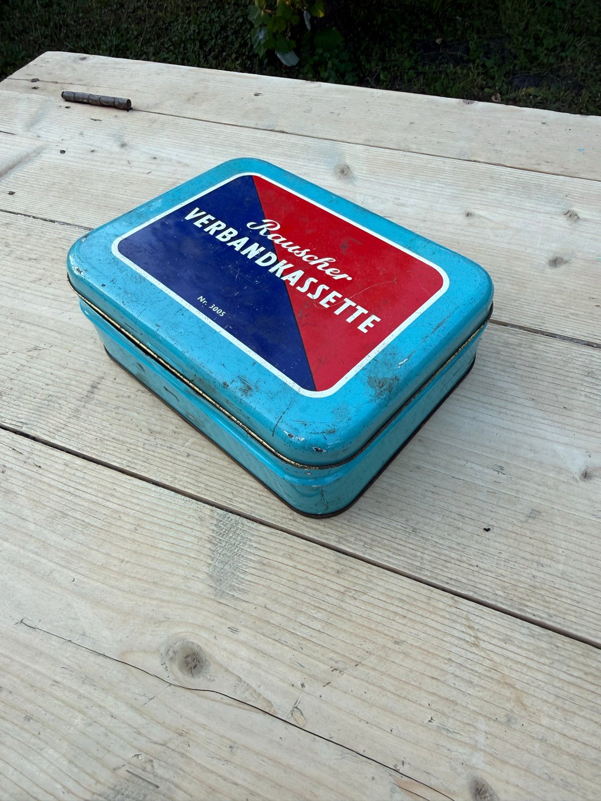 Vintage Rauscher Verbandkassette blik - EHBO doos, Verzamelen, Blikken, Ophalen, Gebruikt, Overige, Overige merken