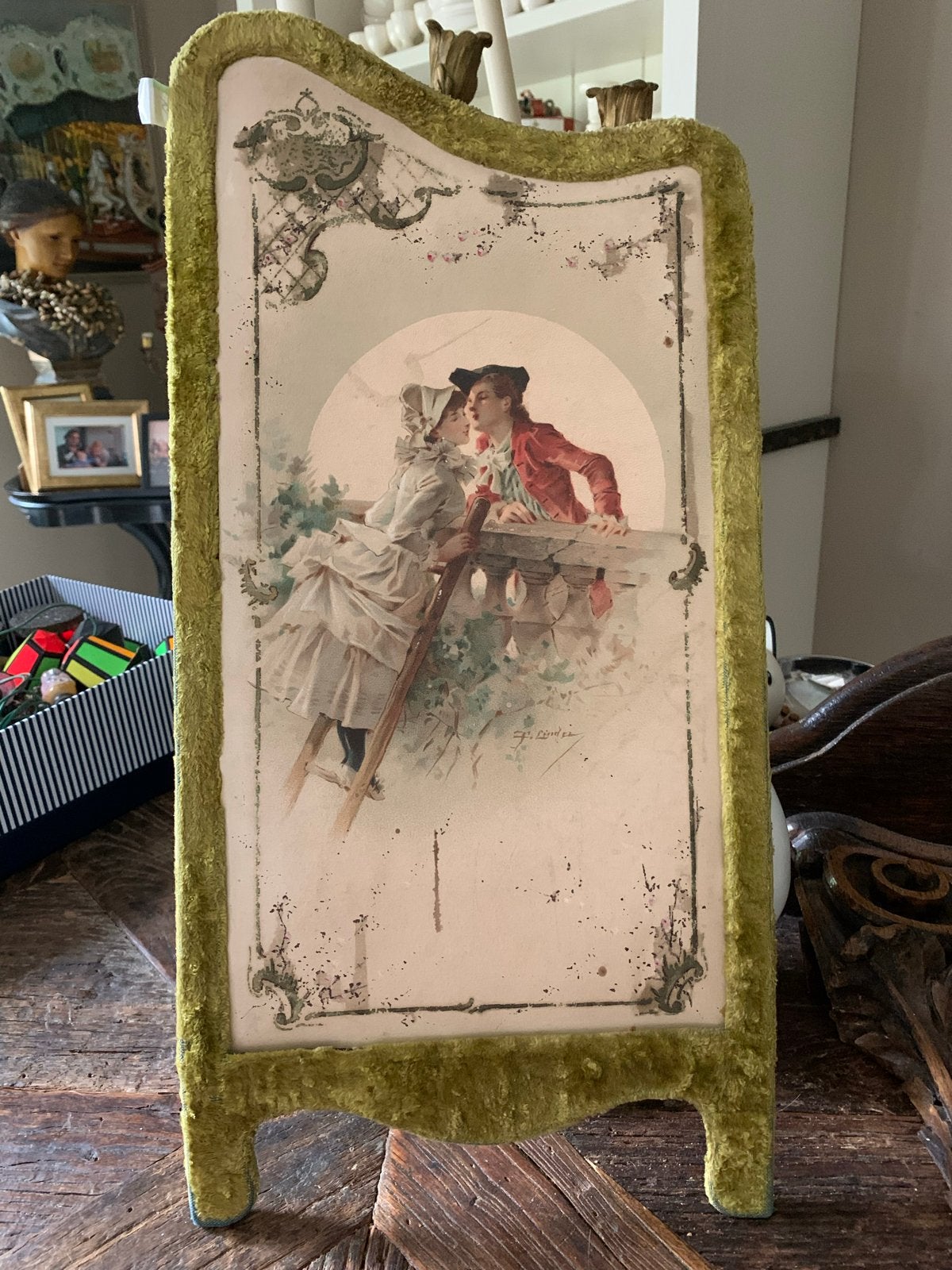 Antieke Brocante Kaartenhouder met Romantische Afbeelding, Ophalen of Verzenden