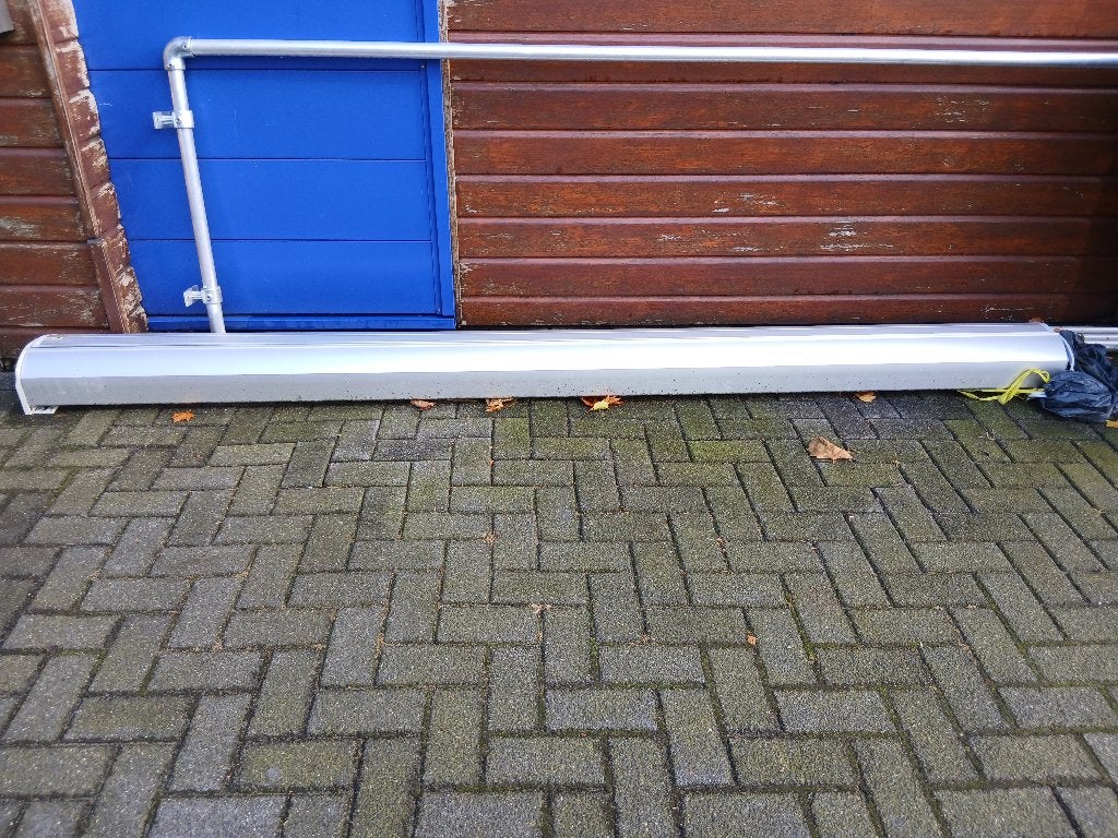 (0658) Zonnescherm met gestreept doek 295 cm breed., Ophalen, Gebruikt, ., Kluszon