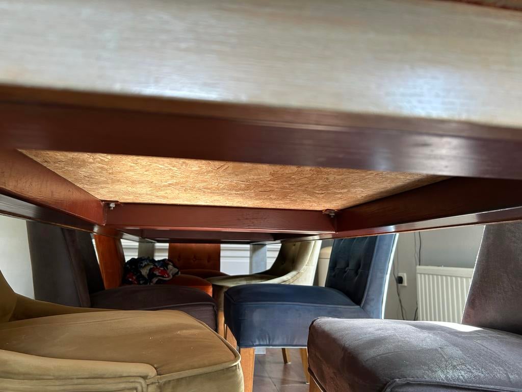 Robuuste eiken eettafel / werkbank met stalen frame, Ophalen, Gebruikt, Eikenhout, 200 cm of meer