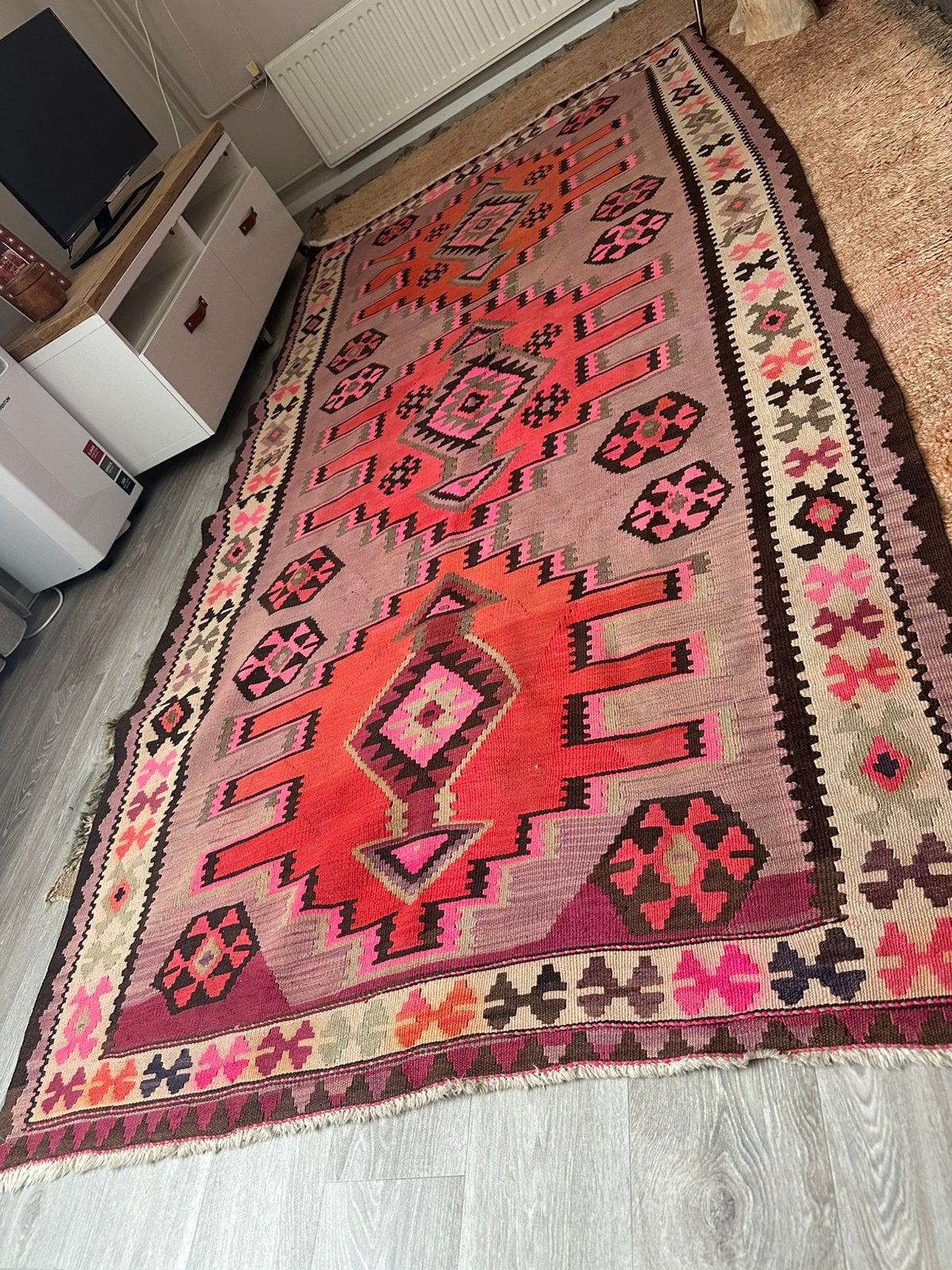Vintage handgeweven wollen Kelim vloerkleed, Antiek en Kunst, Antiek | Kleden en Textiel, Ophalen of Verzenden