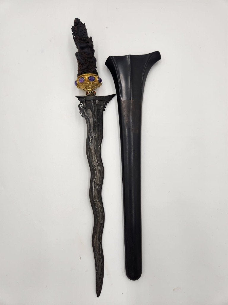 Keris Bali Seselet 7 Luk Pamor Beras Wutah Ebbenhout KTC48, 43 cm, Verzenden, Overige materialen, Indonesië