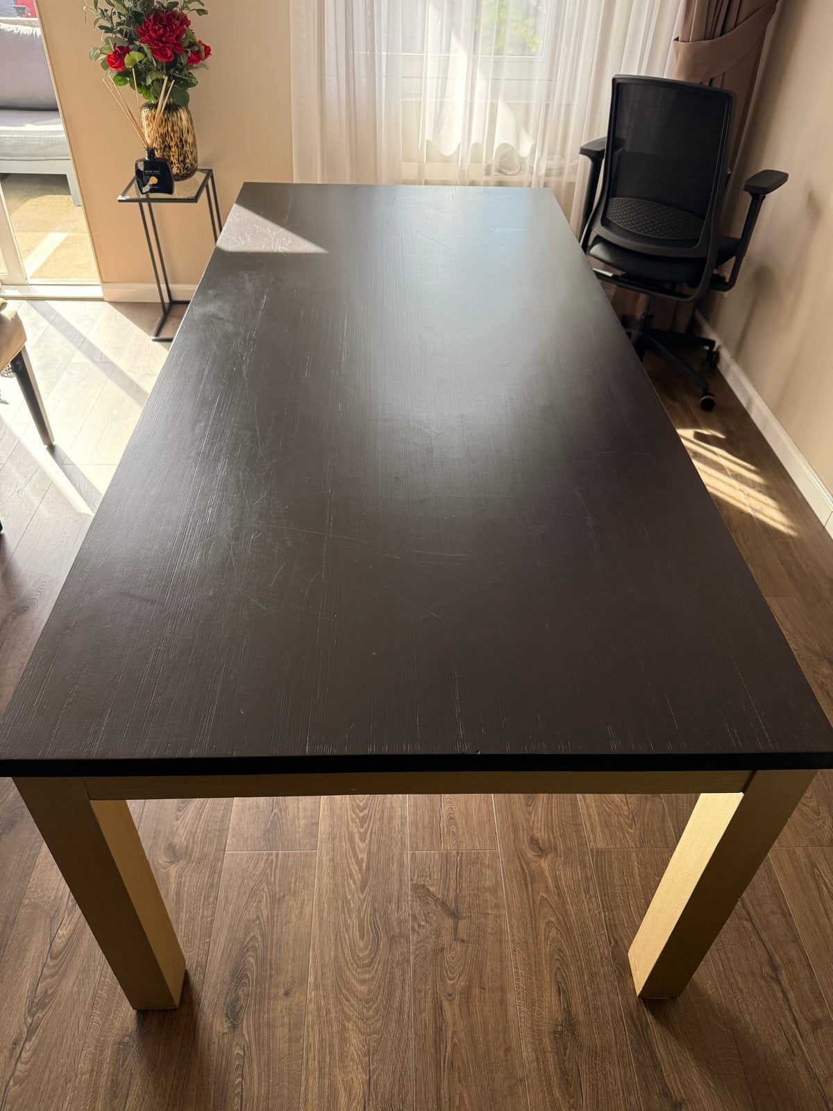Grote eettafel / bureau - Donkerbruin met lichte poten, Gebruikt, 200 cm of meer, Vijf personen of meer, Rechthoekig
