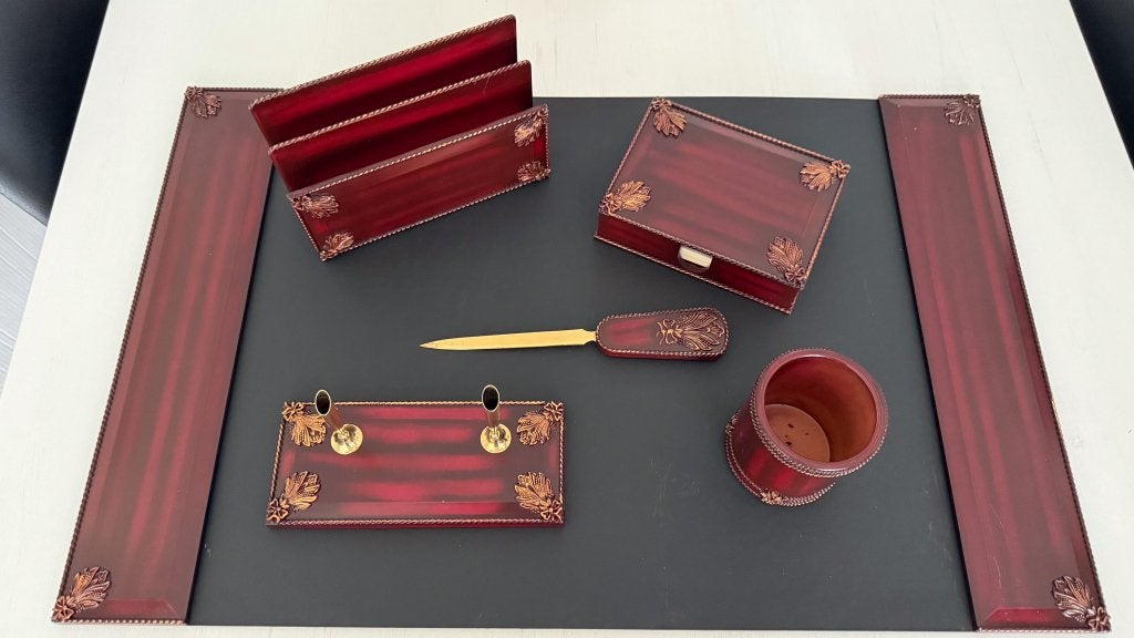 Complete vintage bureauset bordeaux rood/goud, Ophalen of Verzenden, Gebruikt