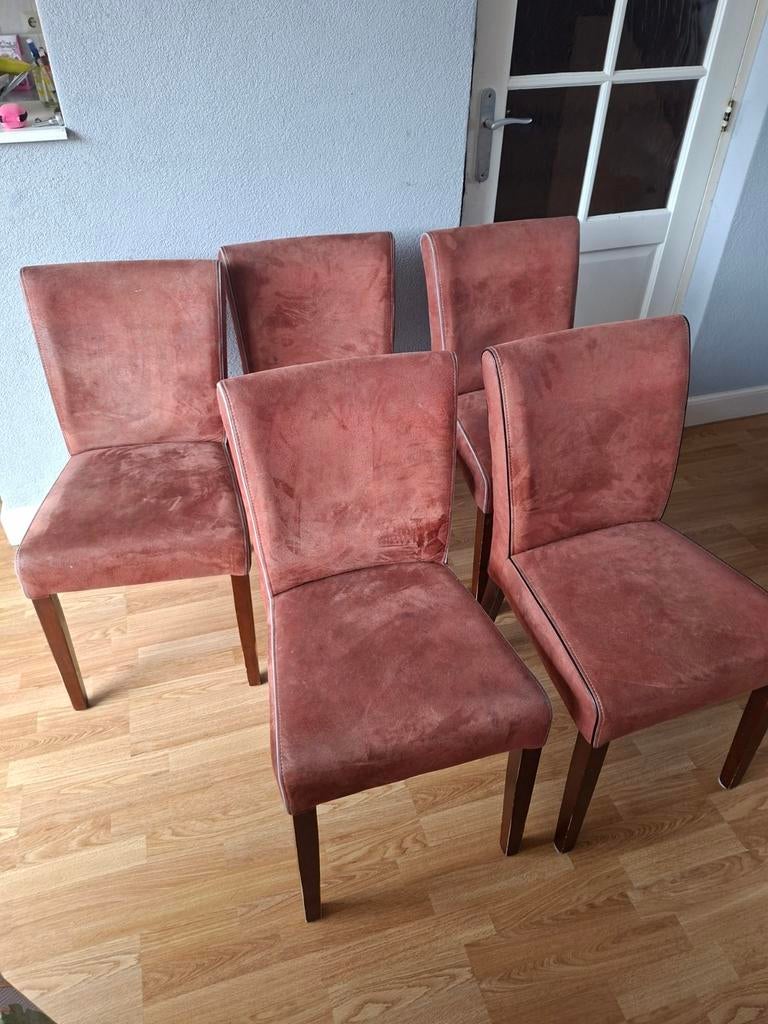 5 Cognac Eetkamerstoelen met Gebruikerssporen, Huis en Inrichting, Stoelen, Ophalen, Gebruikt, Bruin, Stof