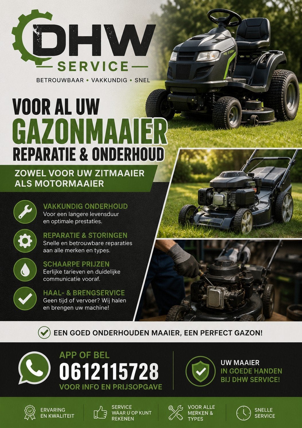 DHW Service: Gazonmaaier Reparatie & Onderhoud, Tuin en Terras, Grasmaaiers, Cirkelmaaier, Gebruikt, Ophalen of Verzenden, 40 t/m 49 cm