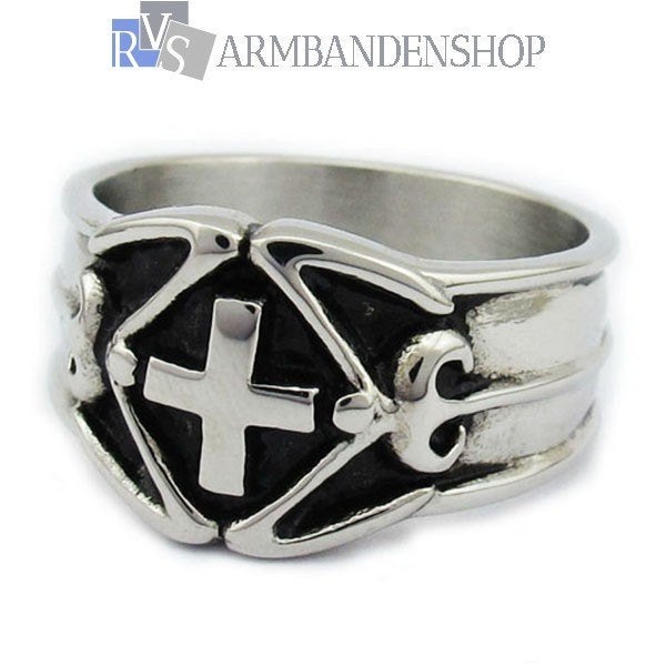 Rvs bikers heren ring met kruis zegelring RVS zilver, 20 of groter, Heer, Nieuw, Zilver