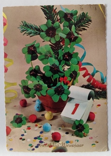 Oude Kerstkaart met plant en scheurkalender uit 1970. , Verzamelen, Ophalen of Verzenden, 1960 tot 1980, Gelopen, Feest(dag)